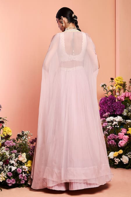 Shop_Niamh By Kriti_Pink Organza, Crepe, Chiffon Bead Work, Pearl Work, Dabka Embroidered Cape Set _at_Aza_Fashions