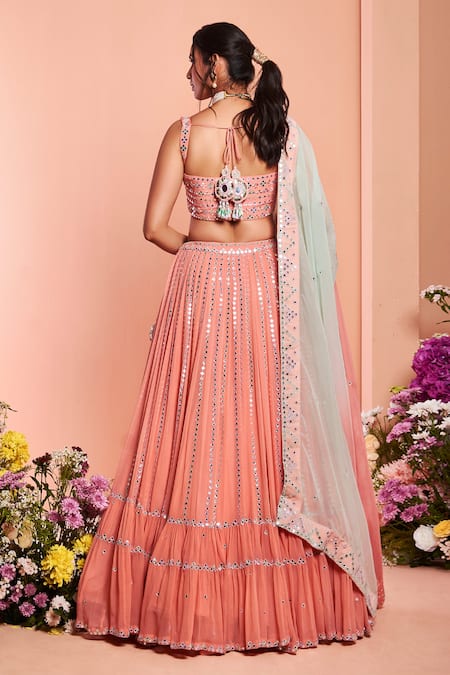 Shop Niamh By Kriti Pink Organza, Georgette Bead Work, Pearl Work, Dabka Foil Mirror Lehenga Set at Aza Fashions Shop_Niamh By Kriti_Pink Organza, Georgette Bead Work, Pearl Work, Dabka Foil Mirror Lehenga Set _at_Aza_Fashions