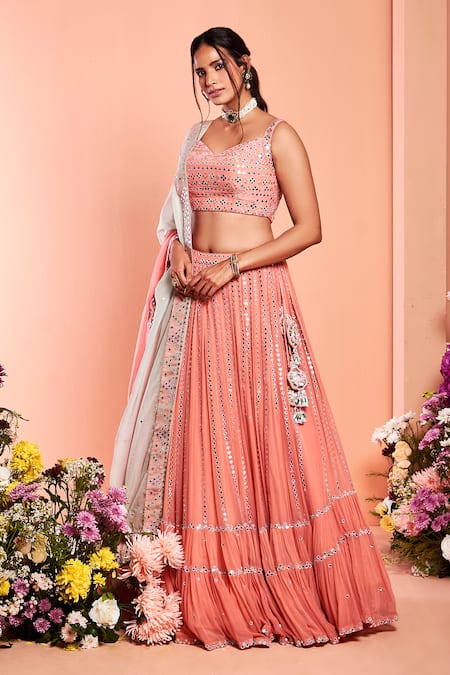 Buy Niamh By Kriti Pink Organza, Georgette Bead Work, Pearl Work, Dabka Foil Mirror Lehenga Set Online at Aza Fashions Buy_Niamh By Kriti_Pink Organza, Georgette Bead Work, Pearl Work, Dabka Foil Mirror Lehenga Set _Online_at_Aza_Fashions