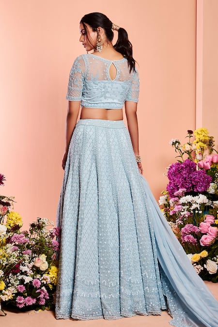 Shop_Niamh By Kriti_Blue Net Bead Work, Pearl Work, Sequins Round Embroidered Bridal Lehenga Set _at_Aza_Fashions
