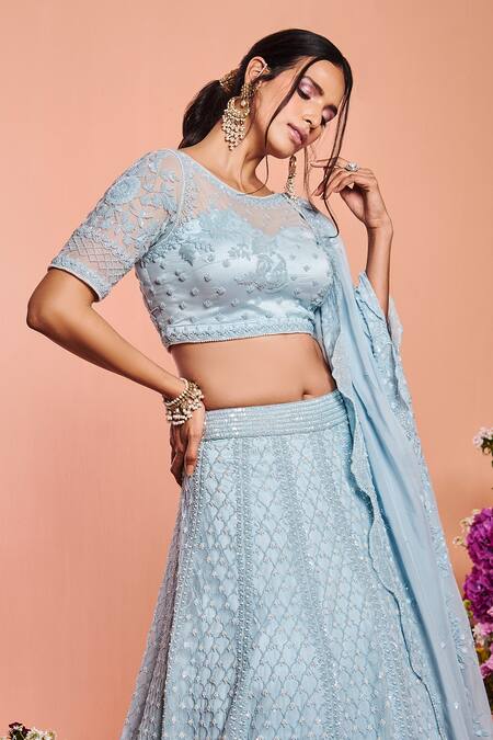 Niamh By Kriti_Blue Net Bead Work, Pearl Work, Sequins Round Embroidered Bridal Lehenga Set _Online_at_Aza_Fashions