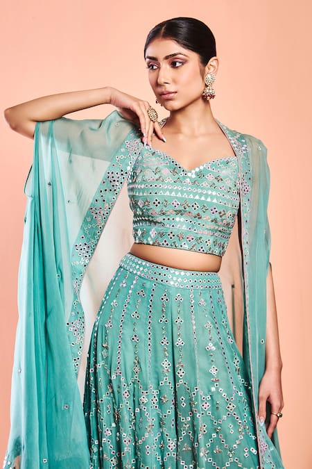 Niamh By Kriti_Blue Organza, Georgette Resham , Foil Mirror Cape Sharara Set _Online_at_Aza_Fashions