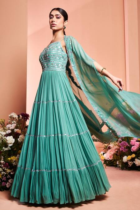Niamh By Kriti_Blue Organza, Georgette Resham Work, Foil Mirror Embroidered Anarkali With Cape _Online_at_Aza_Fashions