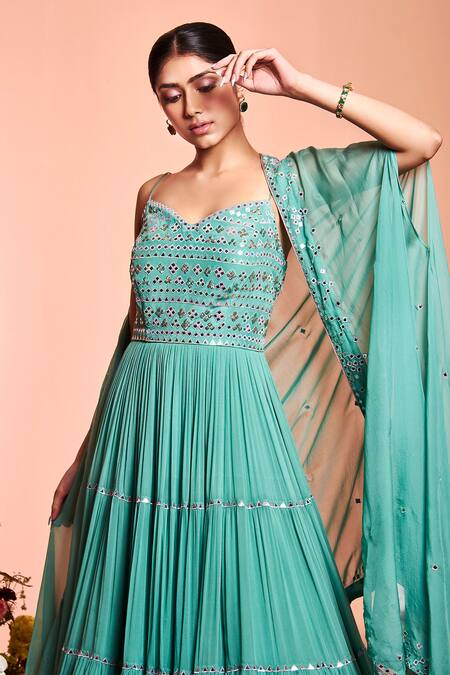 Buy_Niamh By Kriti_Blue Organza, Georgette Resham Work, Foil Mirror Embroidered Anarkali With Cape _Online_at_Aza_Fashions