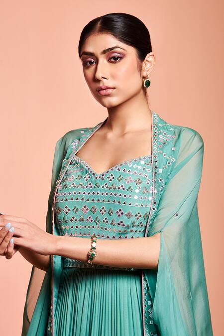 Shop_Niamh By Kriti_Blue Organza, Georgette Resham Work, Foil Mirror Embroidered Anarkali With Cape _Online_at_Aza_Fashions