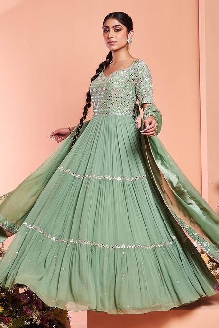 Niamh By Kriti_Green Organza, Georgette Resham Work, Foil Embroidered Anarkali With Dupatta _Online_at_Aza_Fashions