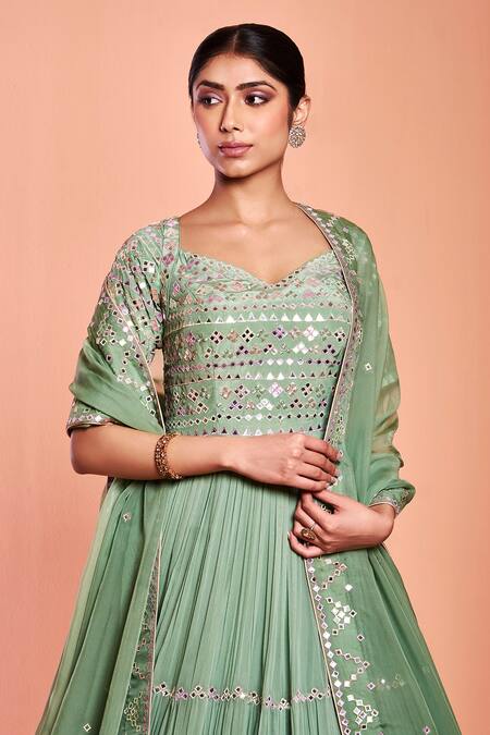 Buy_Niamh By Kriti_Green Organza, Georgette Resham Work, Foil Embroidered Anarkali With Dupatta _Online_at_Aza_Fashions