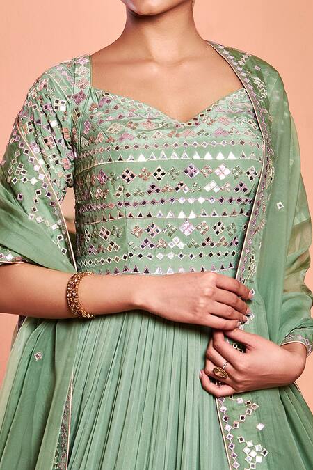 Shop_Niamh By Kriti_Green Organza, Georgette Resham Work, Foil Embroidered Anarkali With Dupatta _Online_at_Aza_Fashions