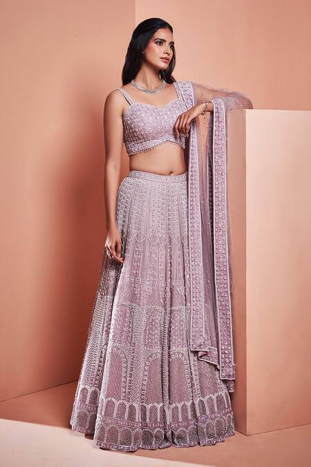 Niamh By Kriti_Purple Silk Organza Bead Work, Pearl Work, Embroidered Bridal Lehenga Set _Online_at_Aza_Fashions