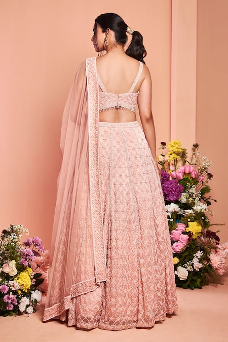 Shop_Niamh By Kriti_Peach Silk Organza Bead Work, Pearl Work, Embroidered Bridal Lehenga Set _at_Aza_Fashions