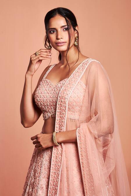 Buy_Niamh By Kriti_Peach Silk Organza Bead Work, Pearl Work, Embroidered Bridal Lehenga Set _Online_at_Aza_Fashions