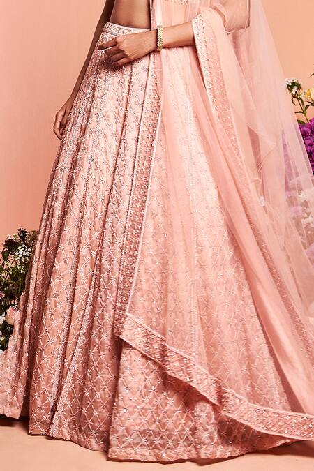 Shop_Niamh By Kriti_Peach Silk Organza Bead Work, Pearl Work, Embroidered Bridal Lehenga Set _Online_at_Aza_Fashions