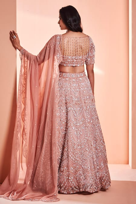 Shop_Niamh By Kriti_Peach Italian Organza Bead Work, Pearl Work, Embroidered Bridal Lehenga Set _at_Aza_Fashions