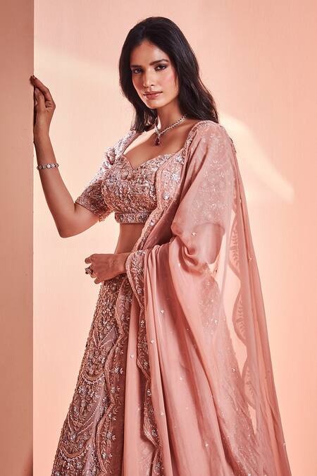 Niamh By Kriti_Peach Italian Organza Bead Work, Pearl Work, Embroidered Bridal Lehenga Set _Online_at_Aza_Fashions