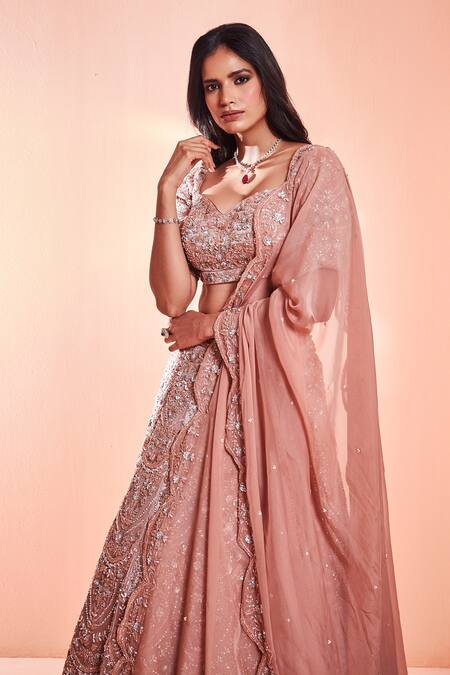 Buy_Niamh By Kriti_Peach Italian Organza Bead Work, Pearl Work, Embroidered Bridal Lehenga Set _Online_at_Aza_Fashions