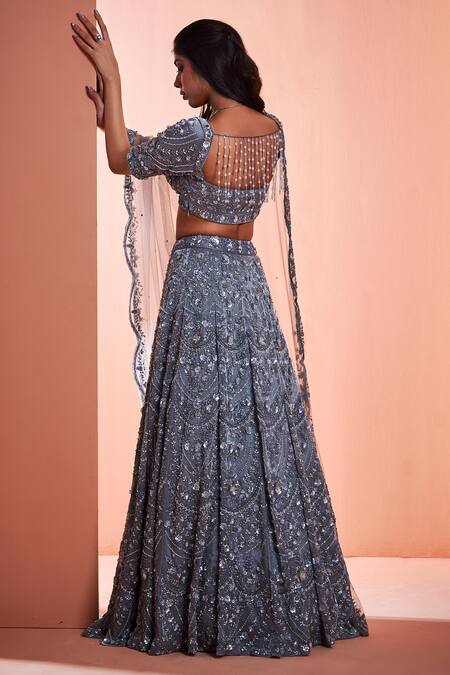 Shop_Niamh By Kriti_Grey Italian Organza Bead Work, Pearl Work, Sequins, Embroidered Lehenga Set _at_Aza_Fashions