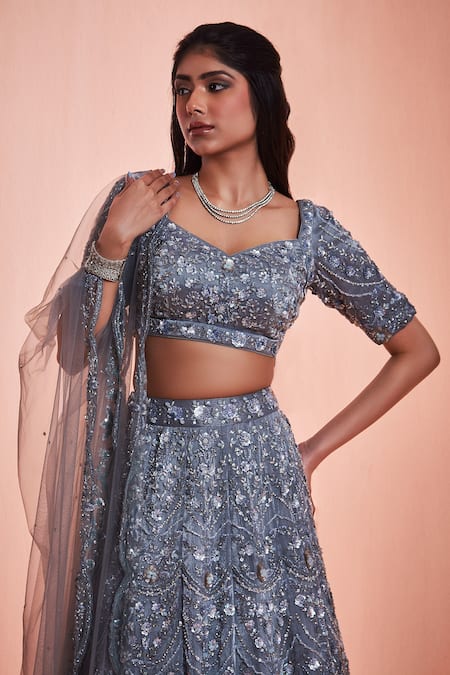 Niamh By Kriti_Grey Italian Organza Bead Work, Pearl Work, Sequins, Embroidered Lehenga Set _Online_at_Aza_Fashions