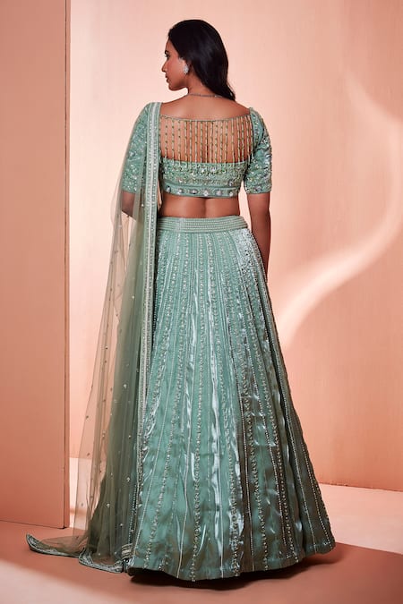 Shop_Niamh By Kriti_Green Italian Organza Bead Work, Pearl Work, Embroidered Bridal Lehenga Set _at_Aza_Fashions