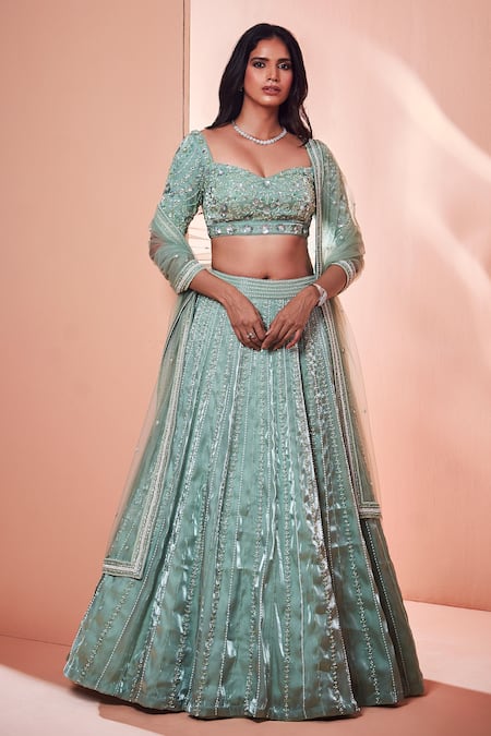 Niamh By Kriti_Green Italian Organza Bead Work, Pearl Work, Embroidered Bridal Lehenga Set _Online_at_Aza_Fashions