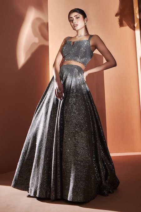 Shop Niamh By Kriti Grey Lycra Net Sequins, Glass Drops Square Notched Work Lehenga Set at Aza Fashions Shop_Niamh By Kriti_Grey Lycra Net Sequins, Glass Drops Square Notched Work Lehenga Set _at_Aza_Fashions