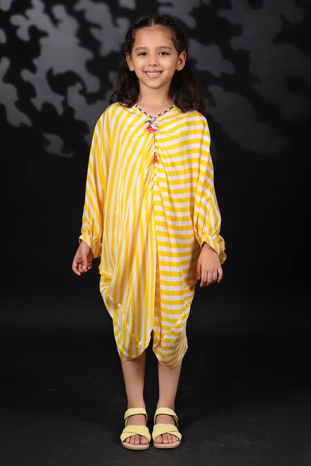 Nikasha_Yellow Crepe Tassels Printed Kaftan Dress _Online_at_Aza_Fashions
