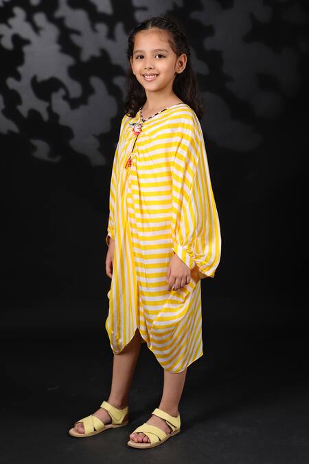 Buy_Nikasha_Yellow Crepe Tassels Printed Kaftan Dress _Online_at_Aza_Fashions
