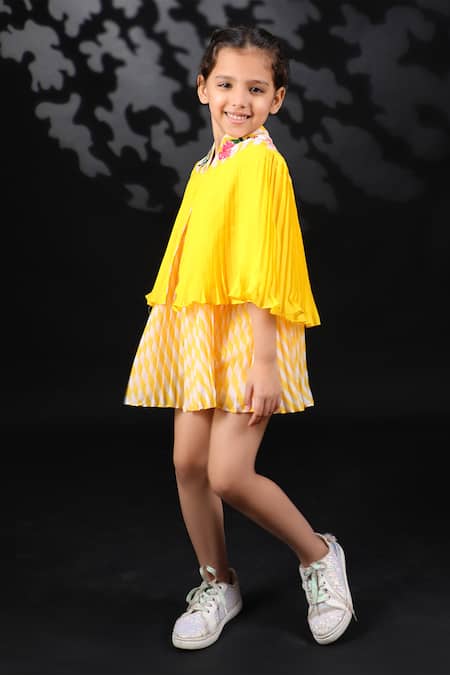 Nikasha_Yellow Pleated Cape Set With Dress _Online_at_Aza_Fashions