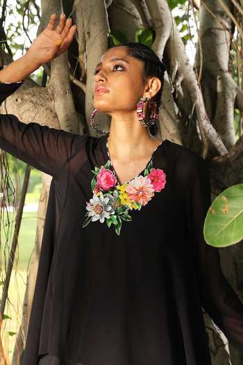 Buy_Nikasha_Black Georgette V Neck Asymmetric Tunic And Skirt Set _Online_at_Aza_Fashions