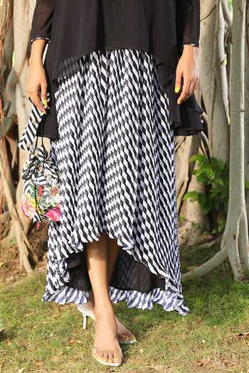 Shop_Nikasha_Black Georgette V Neck Asymmetric Tunic And Skirt Set _Online_at_Aza_Fashions