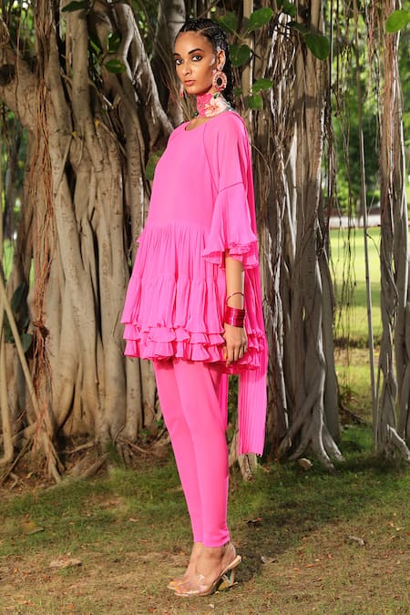 Buy_Nikasha_Pink Georgette Round Pleated Layered Kurta Set _Online_at_Aza_Fashions