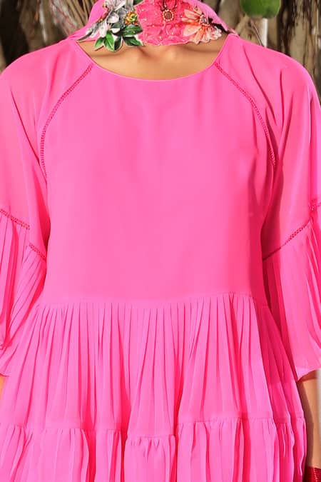 Shop_Nikasha_Pink Georgette Round Pleated Layered Kurta Set _Online_at_Aza_Fashions
