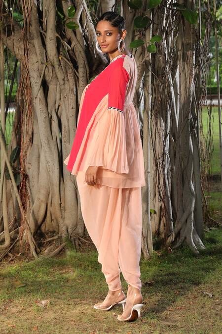 Nikasha_Peach Georgette V Neck Short Tunic And Dhoti Pant Set _Online_at_Aza_Fashions