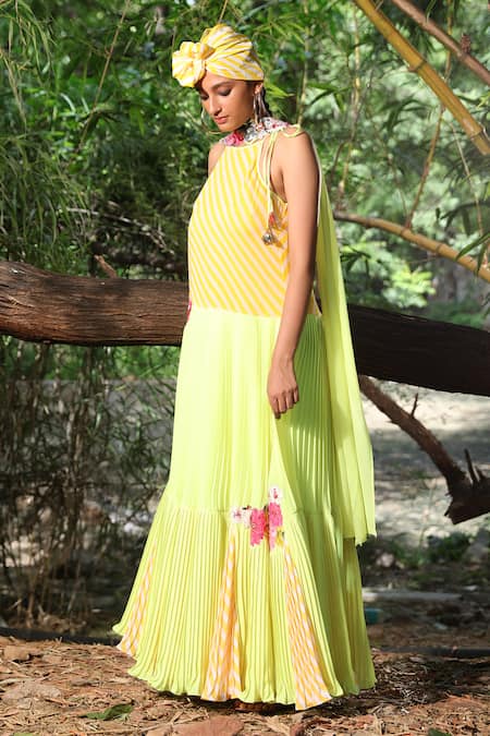 Shop_Nikasha_Yellow Georgette Halter Pleated Anarkali Set _Online_at_Aza_Fashions
