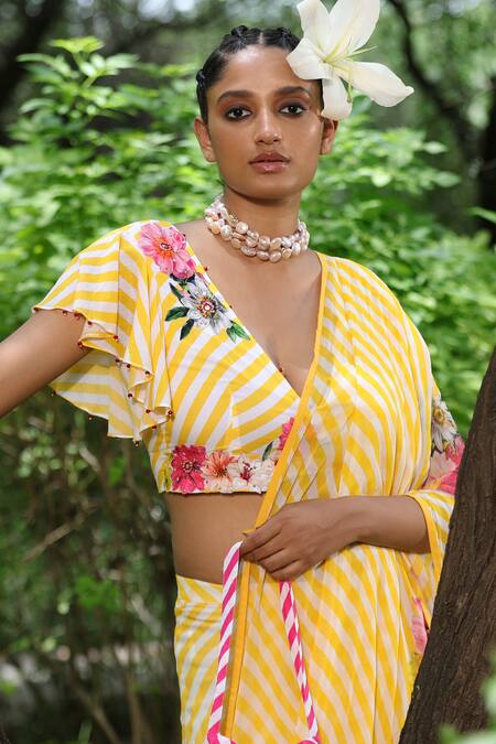 Shop_Nikasha_White Cotton, Georgette V Neck Leheriya Saree With Blouse _Online_at_Aza_Fashions