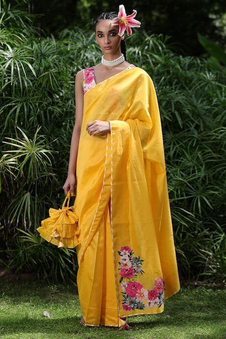 Nikasha Yellow Chanderi Saree With Blouse 