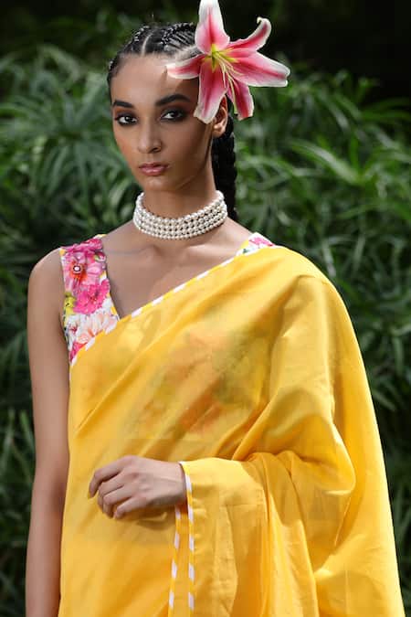 Nikasha_Yellow Cotton, Chanderi Saree With Blouse _Online_at_Aza_Fashions