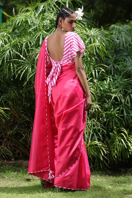 Shop_Nikasha_Pink Cotton, Chanderi Saree With Blouse _at_Aza_Fashions