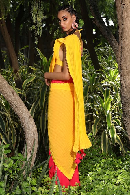 Nikasha_Yellow Georgette Pre-draped Saree With Unstitched Blouse Fabric _Online_at_Aza_Fashions