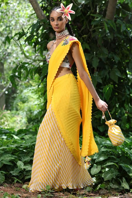 Nikasha_Yellow Georgette V Neck Pre-draped Saree With Sleeveless Blouse _Online_at_Aza_Fashions