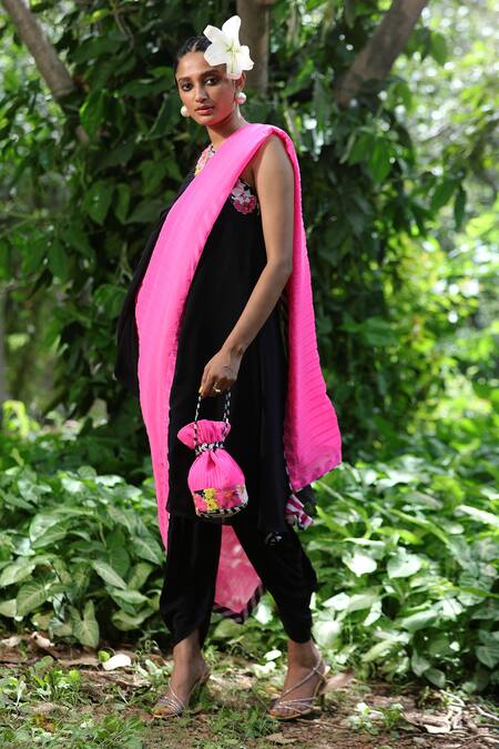 Nikasha_Black Georgette Round Pre-draped Dhoti Pant Saree Set _Online_at_Aza_Fashions