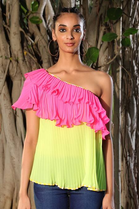 Nikasha_Green Georgette Asymmetric One Shoulder Ruffle Top _Online_at_Aza_Fashions