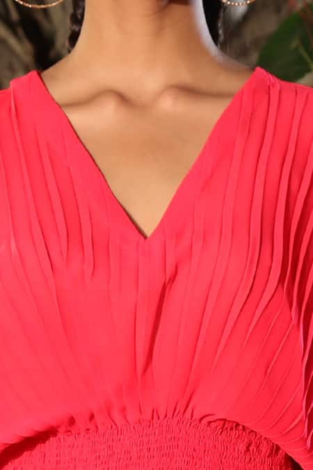 Shop_Nikasha_Red Georgette V Neck Pleated Kaftan Crop Top _Online_at_Aza_Fashions
