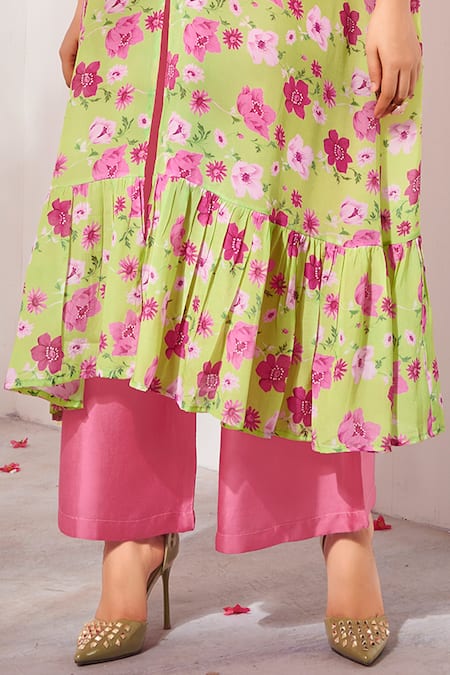 Namrata Lakhotia Green Cotton, Crepe Round Printed Kurta And Palazzo Set Online at Aza Fashions Namrata Lakhotia_Green Cotton, Crepe Round Printed Kurta And Palazzo Set _Online_at_Aza_Fashions