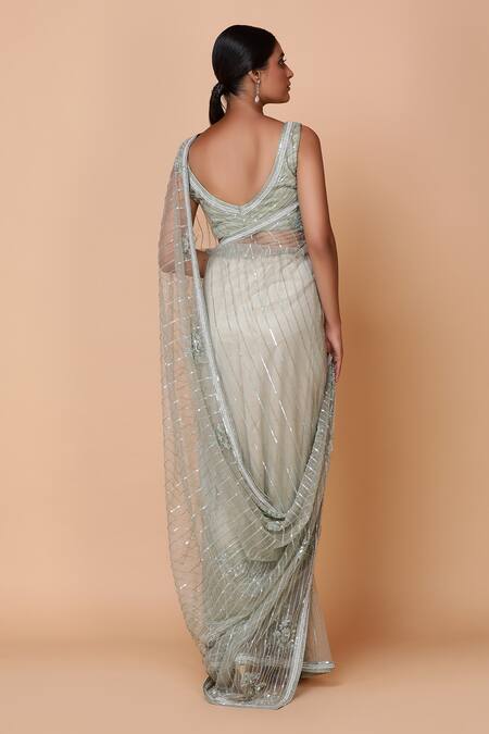 Shop_Neeta Lulla_Green Tulle U Neck Striped Embellished Saree With Blouse _at_Aza_Fashions