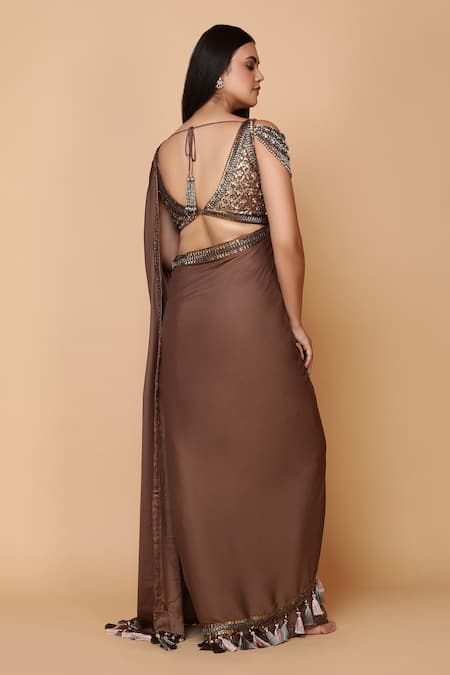 Neeta Lulla_Brown Chiffon V Neck Tassel Saree With Blouse_Online_at_Aza_Fashions