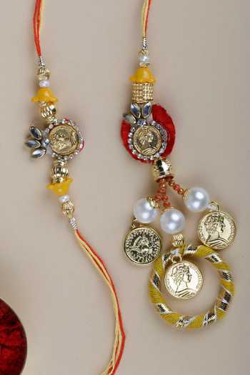 Shop Namasya Bhaiya Babhi Coin Rakhi Set Set Of 2 at Aza Fashions Shop_Namasya_Bhaiya Babhi Coin Rakhi Set Set Of 2_at_Aza_Fashions