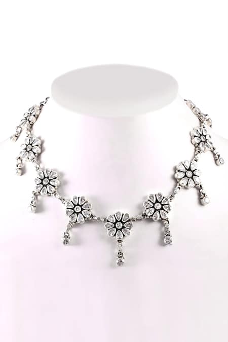 Shop_Noor_Silver Plated Stone Floral Carved Necklace _at_Aza_Fashions