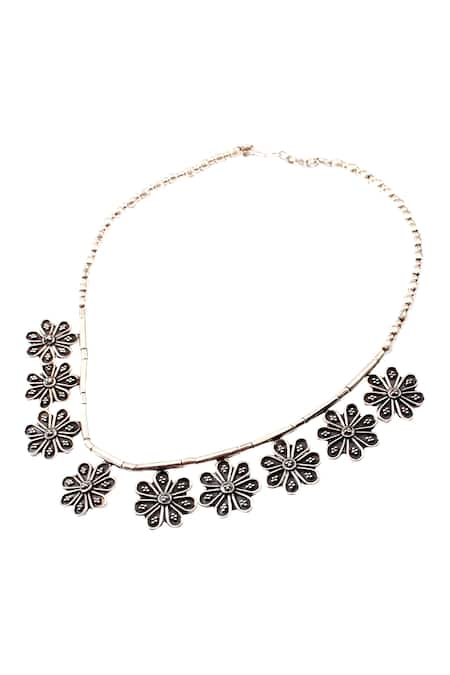 Noor Floral & Rawa Oxidized Chain Necklace 