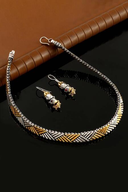 Noor_Gold Plated Stones Silver Carved Necklace Set_Online_at_Aza_Fashions