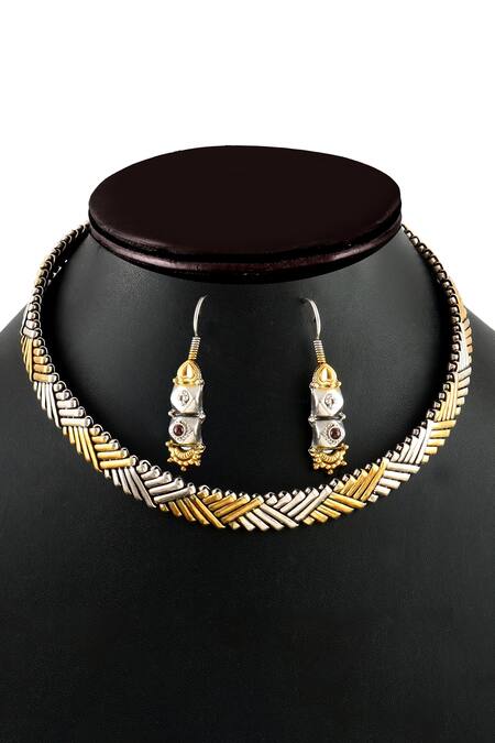 Buy_Noor_Gold Plated Stones Silver Carved Necklace Set_Online_at_Aza_Fashions